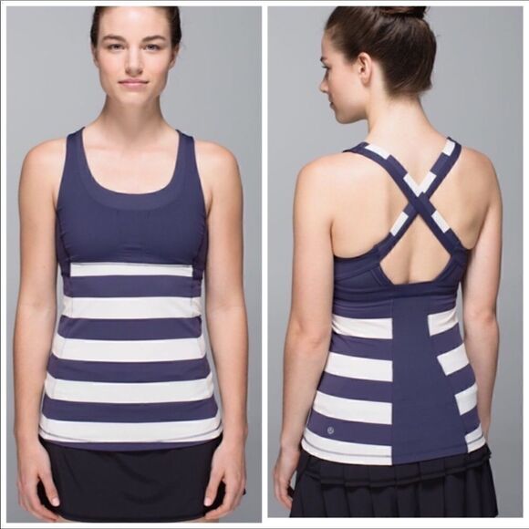lululemon athletica Tops - Lululemon Tank Navy & Cream Striped‎ "Stuff Your Bra" Athleisure Tank, Size - 4